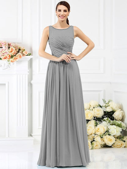 Modern Bateau Pleats Sleeveless Long Chiffon Bridesmaid Dresses