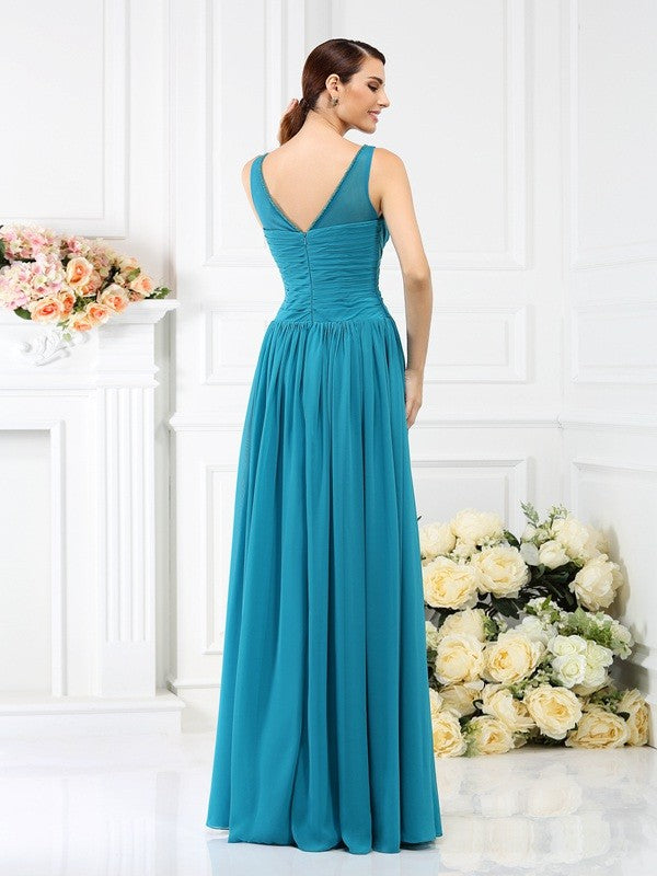 Modern Bateau Pleats Sleeveless Long Chiffon Bridesmaid Dresses