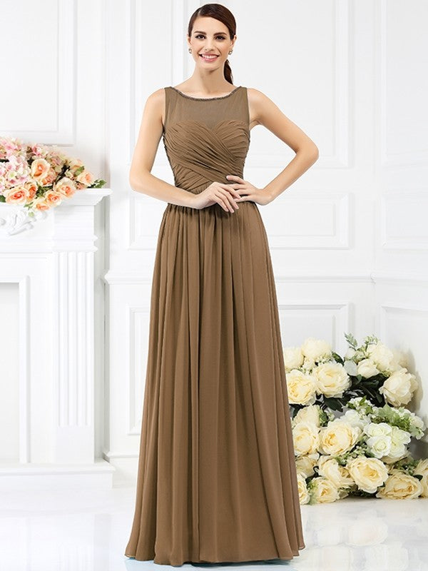 Modern Bateau Pleats Sleeveless Long Chiffon Bridesmaid Dresses