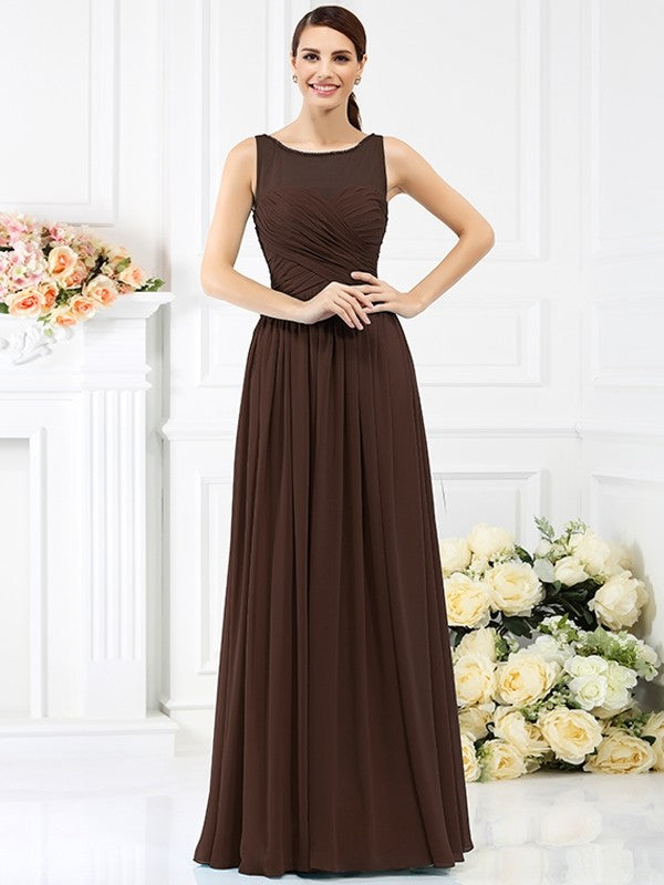 Modern Bateau Pleats Sleeveless Long Chiffon Bridesmaid Dresses