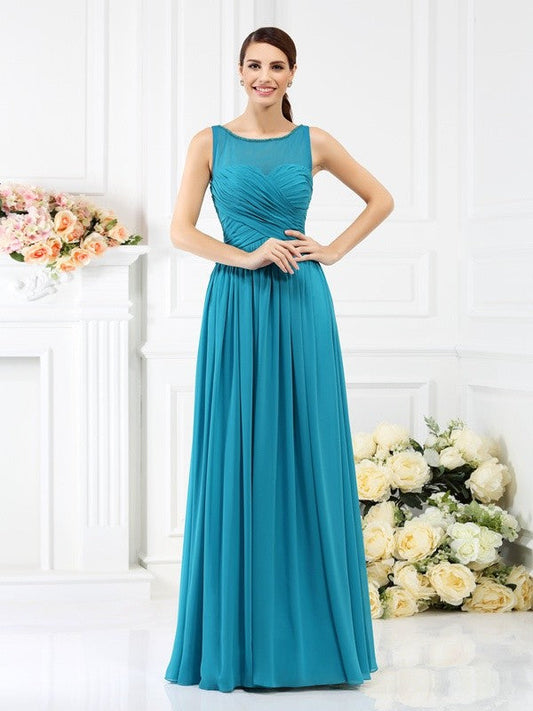 Modern Bateau Pleats Sleeveless Long Chiffon Bridesmaid Dresses