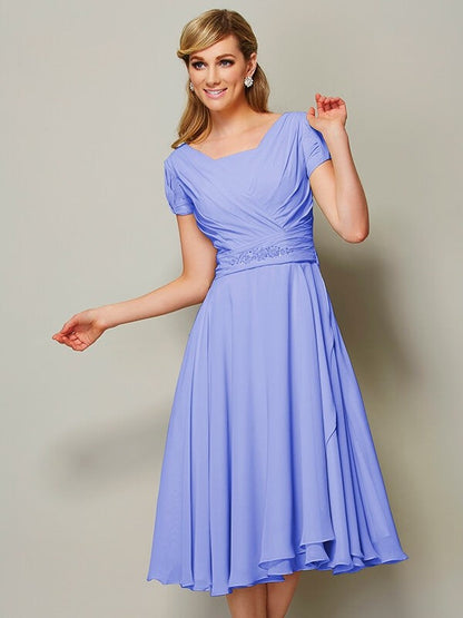 Modern Bateau Short Sleeves Ruffles Short Chiffon Bridesmaid Dresses