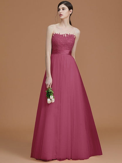 Modern Bateau Sleeveless Applique Tulle Bridesmaid Dresses