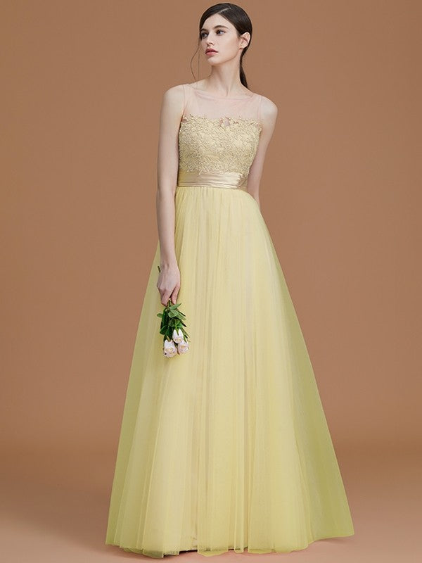 Modern Bateau Sleeveless Applique Tulle Bridesmaid Dresses