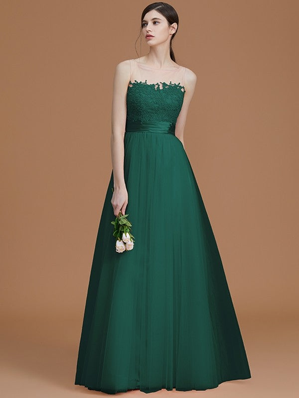 Modern Bateau Sleeveless Applique Tulle Bridesmaid Dresses