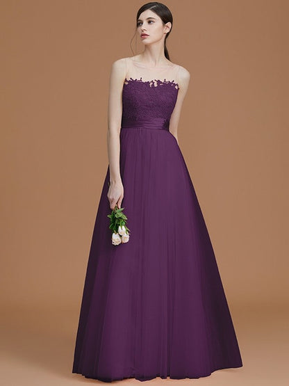 Modern Bateau Sleeveless Applique Tulle Bridesmaid Dresses