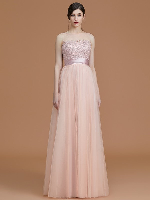 Modern Bateau Sleeveless Applique Tulle Bridesmaid Dresses