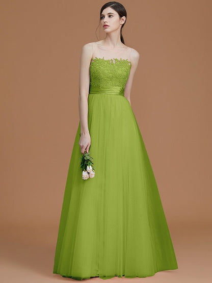 Modern Bateau Sleeveless Applique Tulle Bridesmaid Dresses