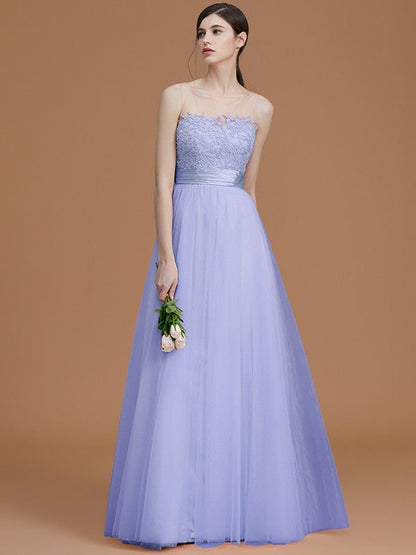 Modern Bateau Sleeveless Applique Tulle Bridesmaid Dresses