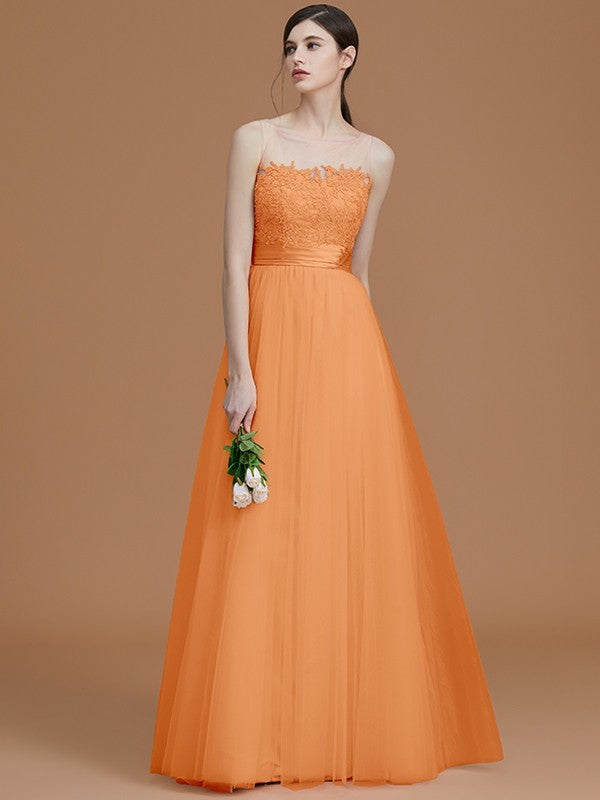 Modern Bateau Sleeveless Applique Tulle Bridesmaid Dresses