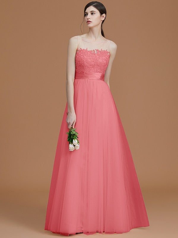 Modern Bateau Sleeveless Applique Tulle Bridesmaid Dresses