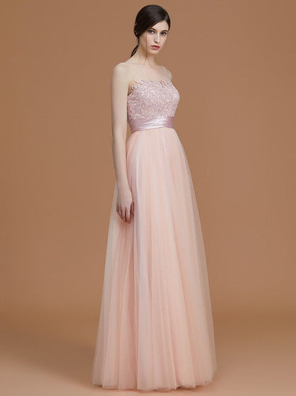 Modern Bateau Sleeveless Applique Tulle Bridesmaid Dresses