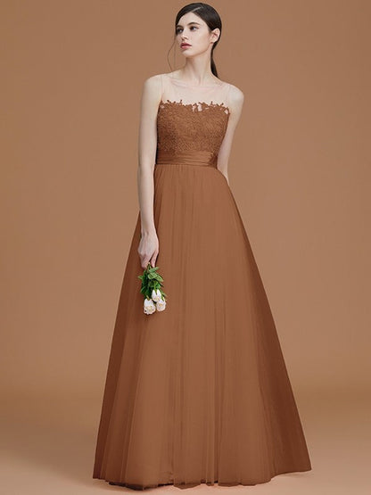 Modern Bateau Sleeveless Applique Tulle Bridesmaid Dresses