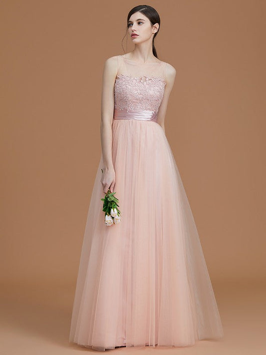 Modern Bateau Sleeveless Applique Tulle Bridesmaid Dresses