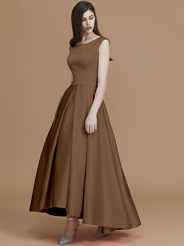 Modern Bateau Sleeveless Asymmetrical Ruffles Satin Bridesmaid Dresses