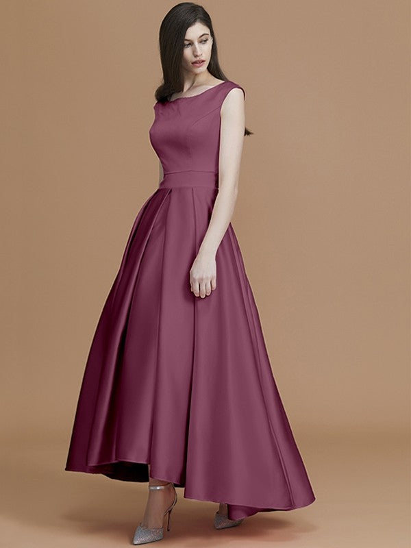 Modern Bateau Sleeveless Asymmetrical Ruffles Satin Bridesmaid Dresses