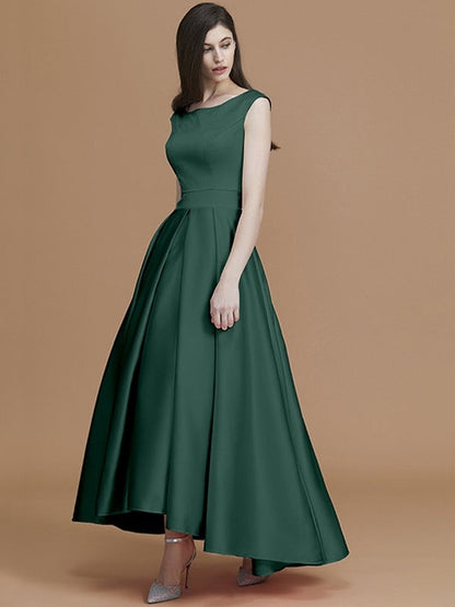 Modern Bateau Sleeveless Asymmetrical Ruffles Satin Bridesmaid Dresses