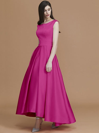 Modern Bateau Sleeveless Asymmetrical Ruffles Satin Bridesmaid Dresses