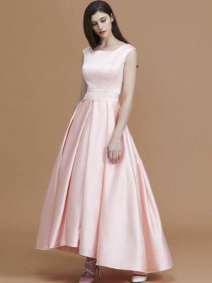 Modern Bateau Sleeveless Asymmetrical Ruffles Satin Bridesmaid Dresses