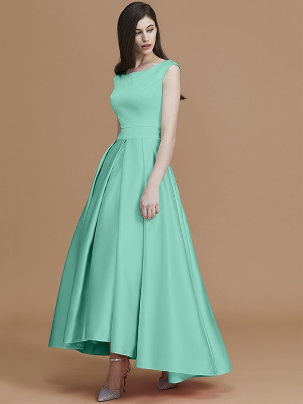 Modern Bateau Sleeveless Asymmetrical Ruffles Satin Bridesmaid Dresses