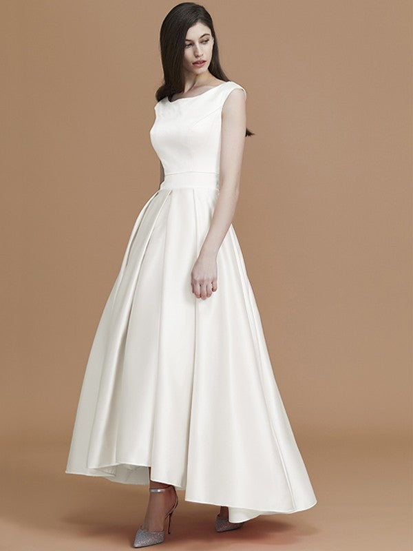 Modern Bateau Sleeveless Asymmetrical Ruffles Satin Bridesmaid Dresses