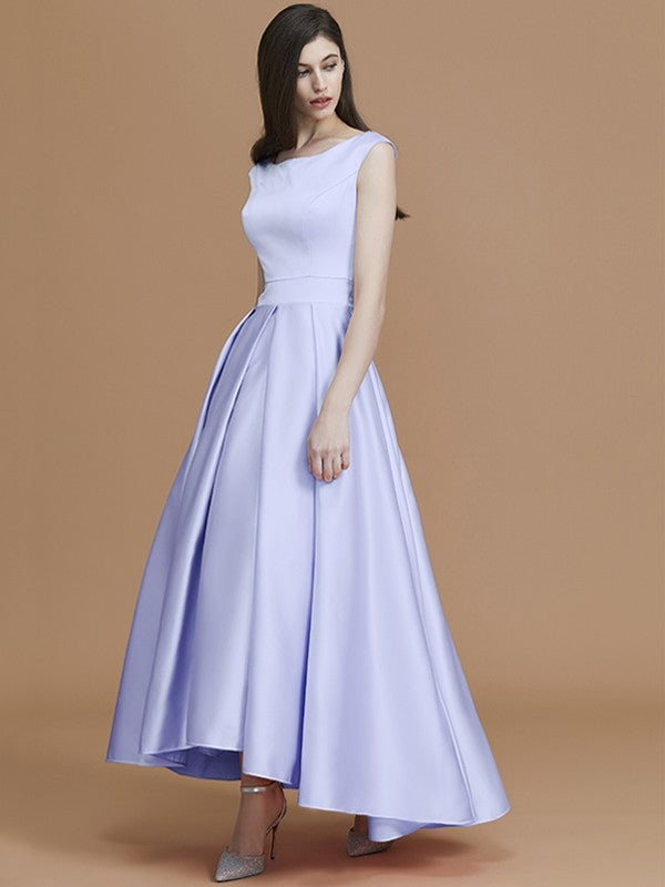 Modern Bateau Sleeveless Asymmetrical Ruffles Satin Bridesmaid Dresses