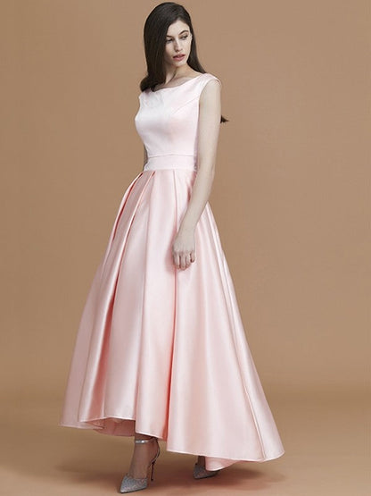 Modern Bateau Sleeveless Asymmetrical Ruffles Satin Bridesmaid Dresses