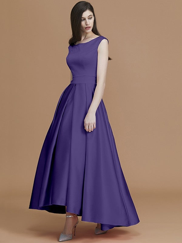 Modern Bateau Sleeveless Asymmetrical Ruffles Satin Bridesmaid Dresses