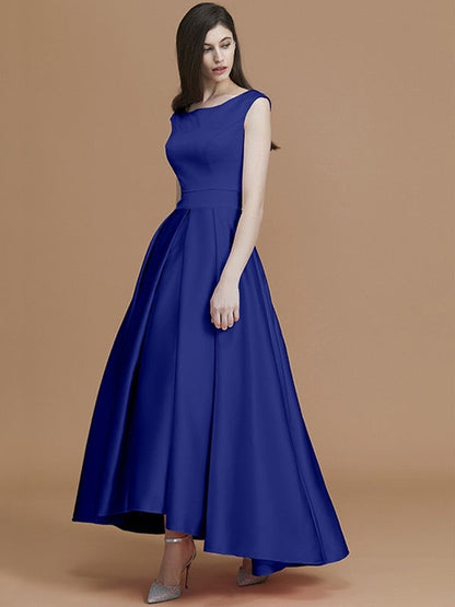 Modern Bateau Sleeveless Asymmetrical Ruffles Satin Bridesmaid Dresses