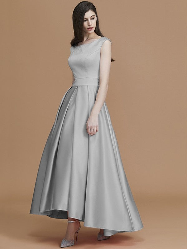 Modern Bateau Sleeveless Asymmetrical Ruffles Satin Bridesmaid Dresses