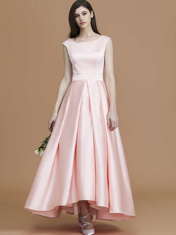 Modern Bateau Sleeveless Asymmetrical Ruffles Satin Bridesmaid Dresses