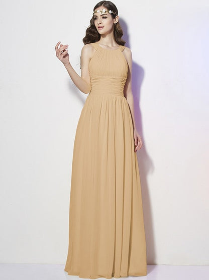 Modern Bateau Sleeveless Pleats Long Chiffon Bridesmaid Dresses