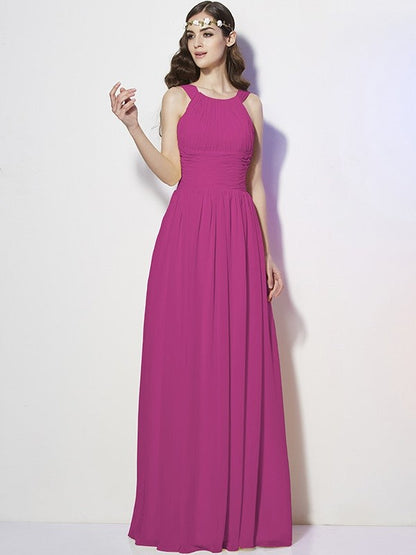 Modern Bateau Sleeveless Pleats Long Chiffon Bridesmaid Dresses