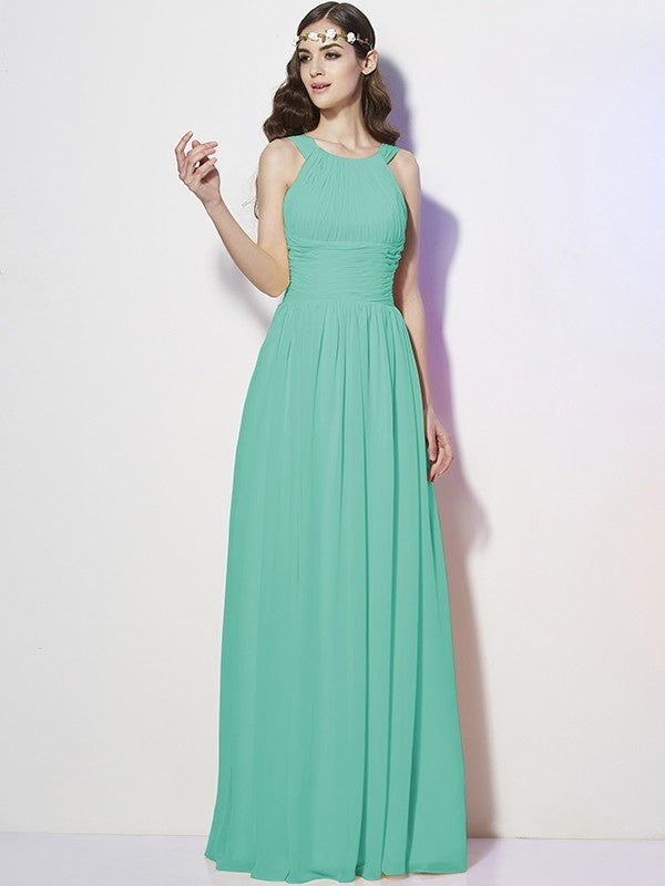 Modern Bateau Sleeveless Pleats Long Chiffon Bridesmaid Dresses