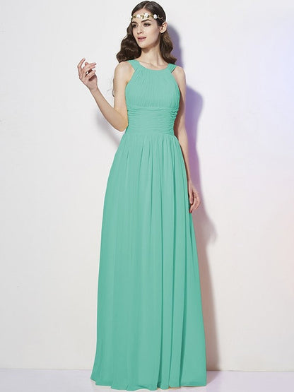 Modern Bateau Sleeveless Pleats Long Chiffon Bridesmaid Dresses