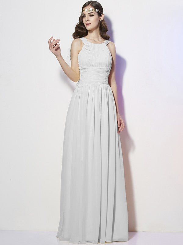 Modern Bateau Sleeveless Pleats Long Chiffon Bridesmaid Dresses