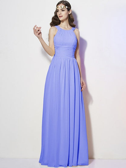 Modern Bateau Sleeveless Pleats Long Chiffon Bridesmaid Dresses