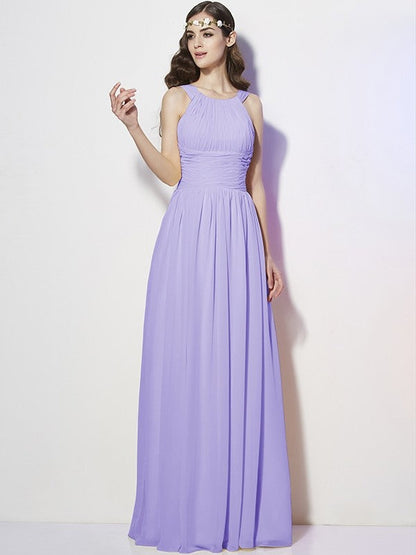 Modern Bateau Sleeveless Pleats Long Chiffon Bridesmaid Dresses