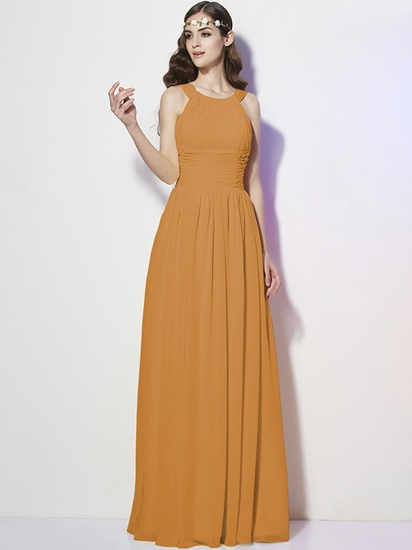 Modern Bateau Sleeveless Pleats Long Chiffon Bridesmaid Dresses