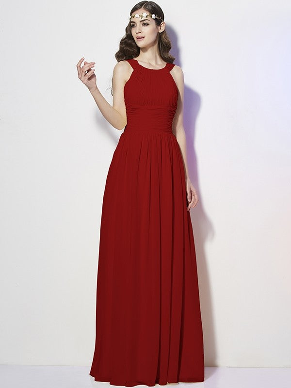 Modern Bateau Sleeveless Pleats Long Chiffon Bridesmaid Dresses