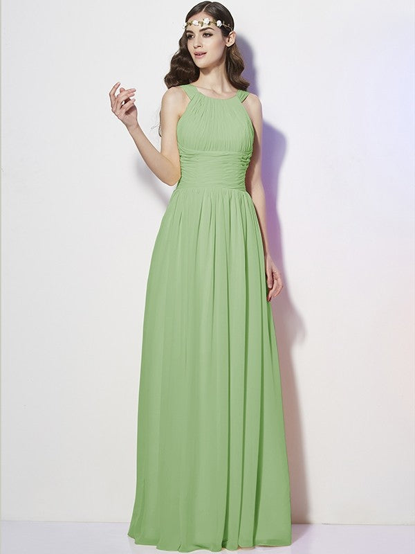 Modern Bateau Sleeveless Pleats Long Chiffon Bridesmaid Dresses