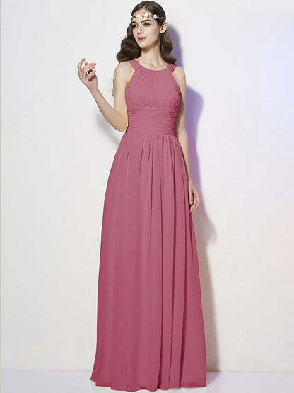 Modern Bateau Sleeveless Pleats Long Chiffon Bridesmaid Dresses