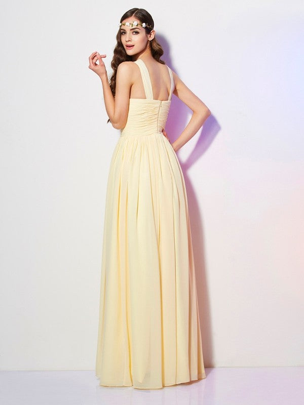 Modern Bateau Sleeveless Pleats Long Chiffon Bridesmaid Dresses