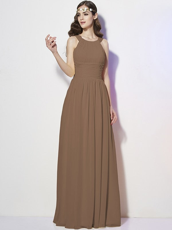 Modern Bateau Sleeveless Pleats Long Chiffon Bridesmaid Dresses