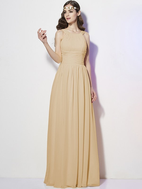 Modern Bateau Sleeveless Pleats Long Chiffon Bridesmaid Dresses