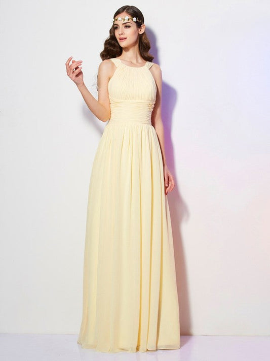 Modern Bateau Sleeveless Pleats Long Chiffon Bridesmaid Dresses