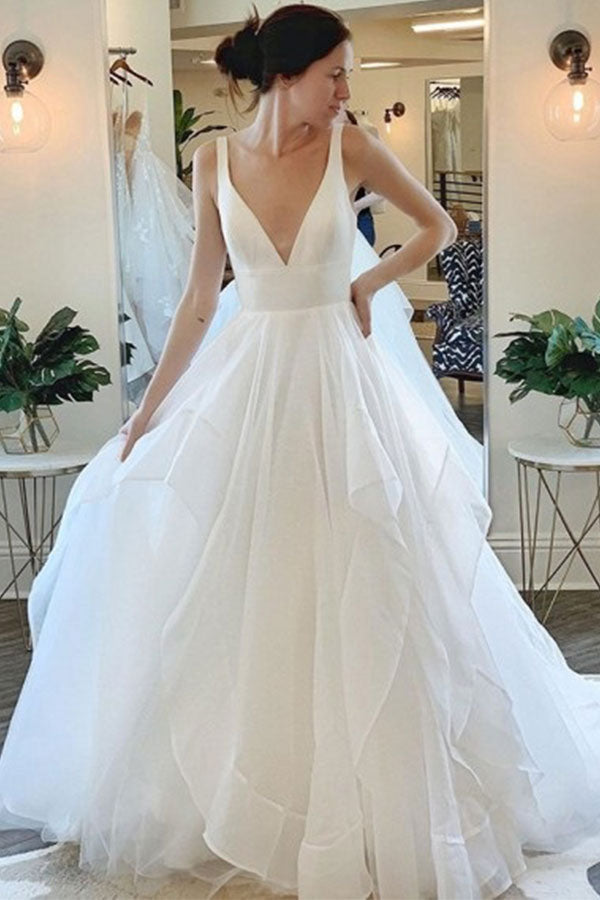 Modern Deep V neck Sleeveless White Tulle Wedding Dresses with Ruffless