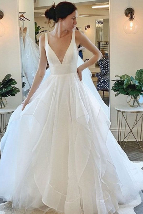 Modern Deep V neck Sleeveless White Tulle Wedding Dresses with Ruffless