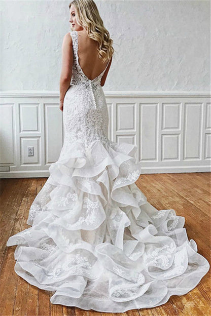 Modern Lace V Neck Mermaid Wedding Dresses Sleeveles With Ruffles