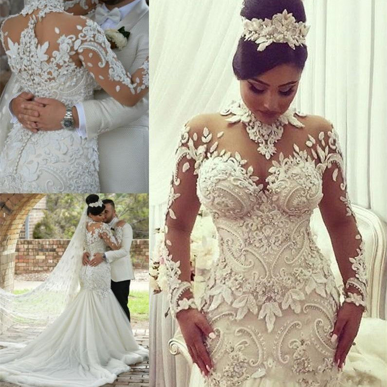 Modern Long Sleeves High Neck Lace Wedding Dress Bridal Gown